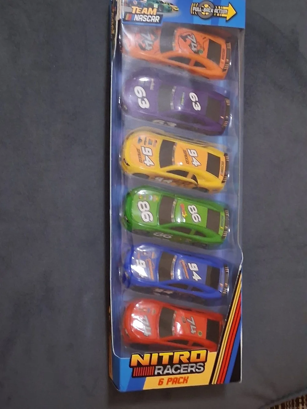 Nascar Nitro Racers 6-Pack Toy Cars - Red, Blue, Green, Yellow, Purple, Orange